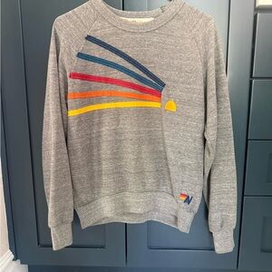 Aviator Nation Gray Crewneck Sweatshirt with Multi-Stripe Sun Motif